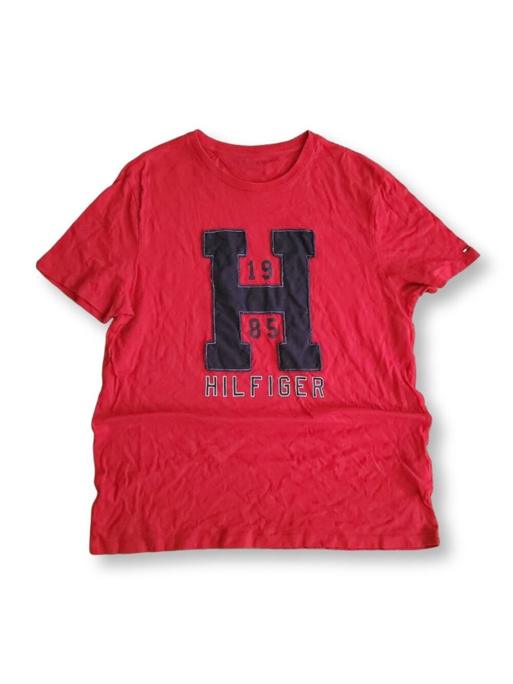 Tommy Hilfiger 90s Vintage 1985 Red Embroidered Oversized T-Shirt Cotton (M)